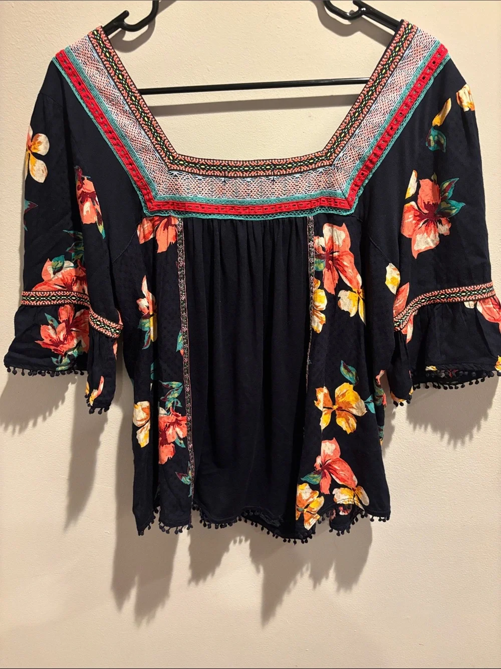 Anthropologie Black Embroidered Floral Square-Neck Blouse - Picture 5 of 8